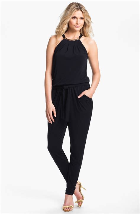 michael kors jumpsuit black gold|Michael Kors embellished halter jumpsuit.